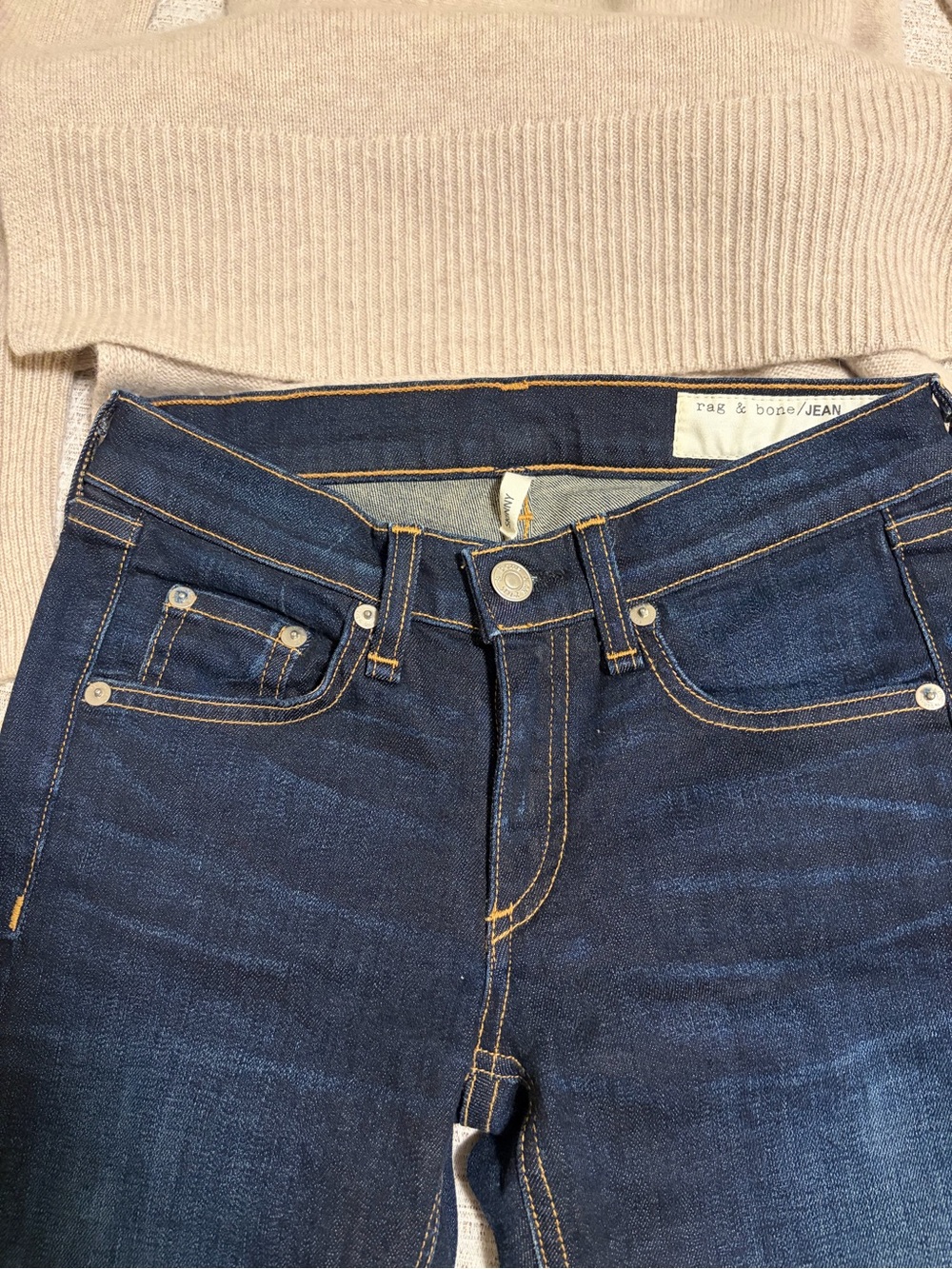 [$260] Rag & Bone Skinny Dark Indigo Orange stitches Ankle Jeans